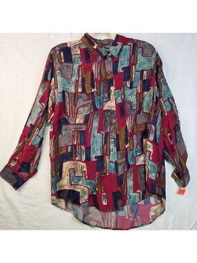 Vintage 80s Whistles Abstract Silk Blouse M Burgundy Colorful Quiet Luxury Retro